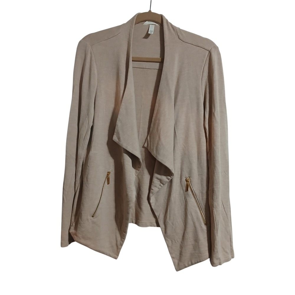 Soma Beige Waterfall‎ Drape Cardigan Jacket Gold Zip Pockets Women Large